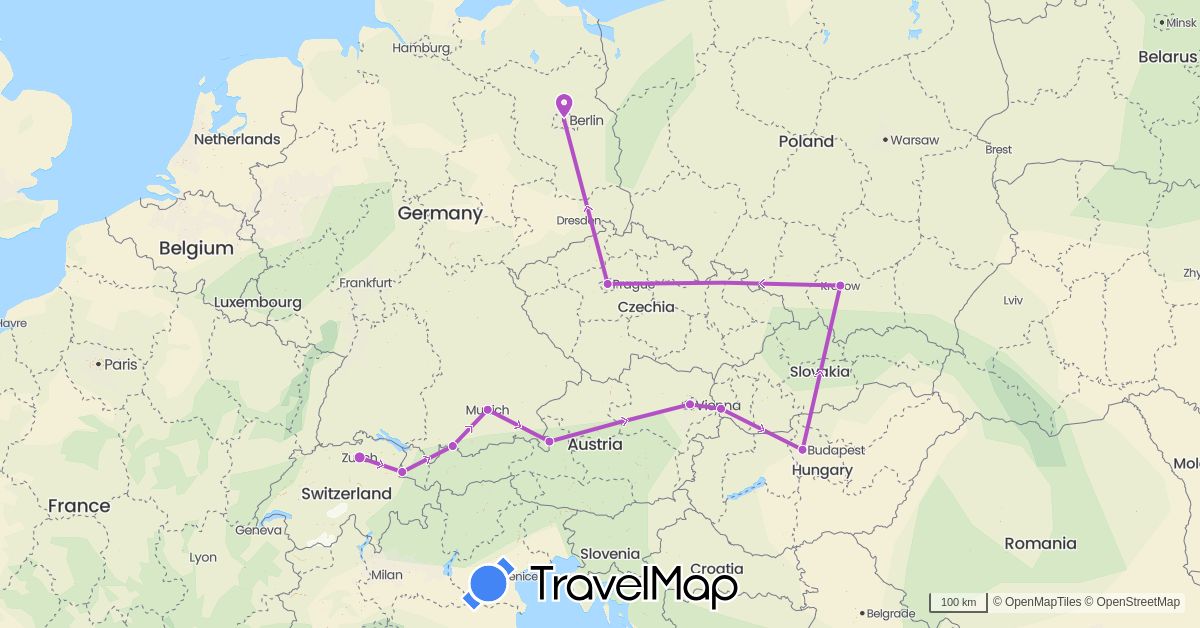 TravelMap itinerary: driving, train in Austria, Switzerland, Czech Republic, Germany, Hungary, Liechtenstein, Poland, Slovakia (Europe)